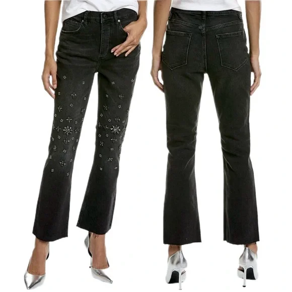 AllSaints NWT High-Waisted Rhinestone Embellished Flared Washed Black Jeans